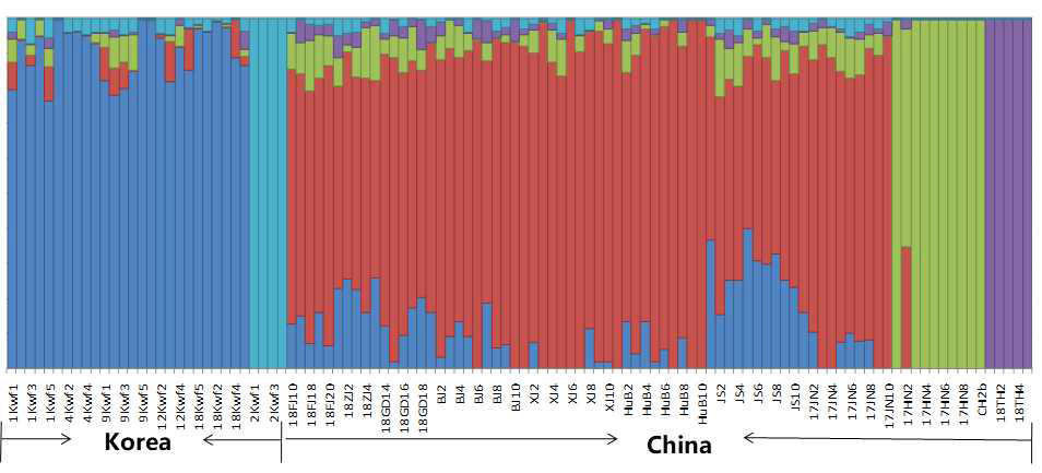 Population genetic structure of Korean and Chienese B. tabaci Q based on 2b-RAD analysis (K=5)