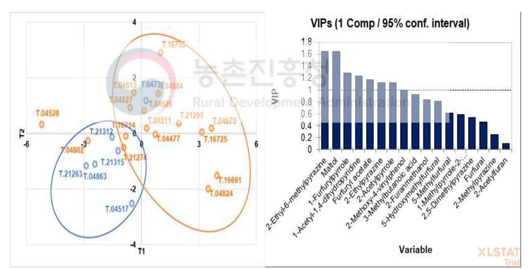 ‘20 도입 커피의 휘발성분 PLS-DA 및 VIP (variable’s importance in the PLS-DA) score 그래프