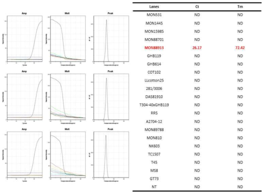 GM 면화 MON88913(MON88913-AF/MON88913-AR)에 특이적인 Ultrafast PCR 결과