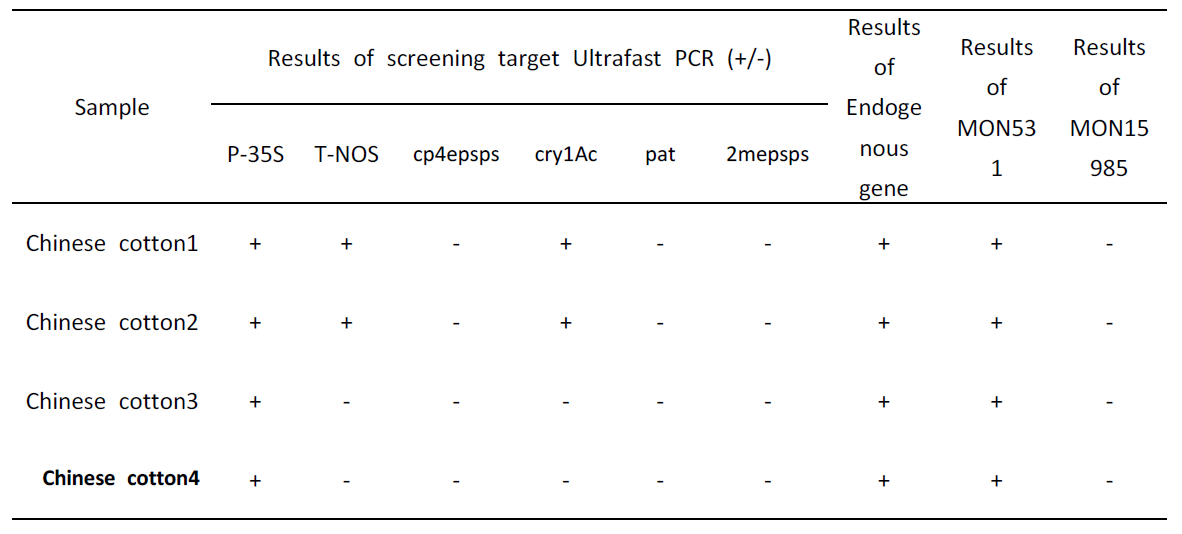 중국에서 수입된 면화 4 샘플에 대한 Direct Gene Prep buffer를 이용하여 DNA를 추출한 후, 수행한 Ultrafast PCR의 결과