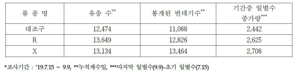 시험계통 봉군의 일벌, 유충 및 번데기수(2019)