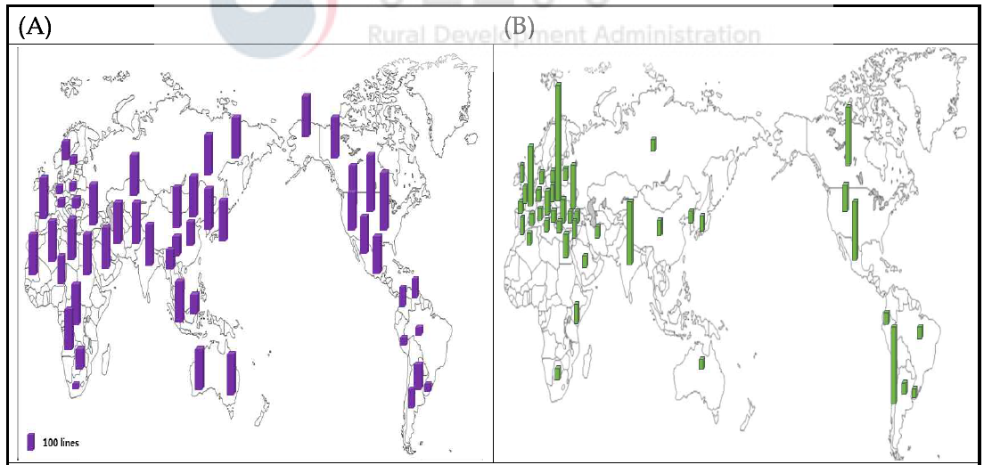 국가별 밀 유전자원 분포도. (A) ‘08-’20년 유전자원 국가별 분포, (B) ‘19-’20년 유전자원 국가별 분포