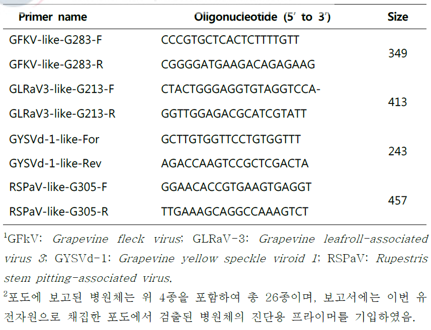 RT-PCR 진단을 위한 포도바이러스 진단용 프라이머 목록1, 2