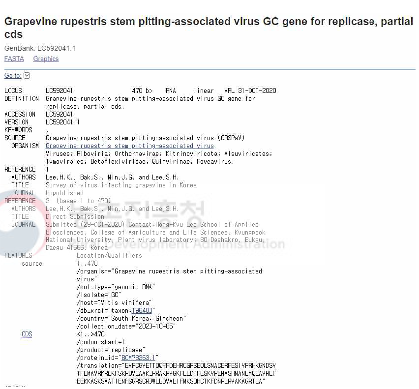 NCBI에 등록된 유전자원 염기서열 정보(4). 김천 포도에서 검출된 GRSPaV 일부 염기서열 정보를 등록함(accession no. LC592041)