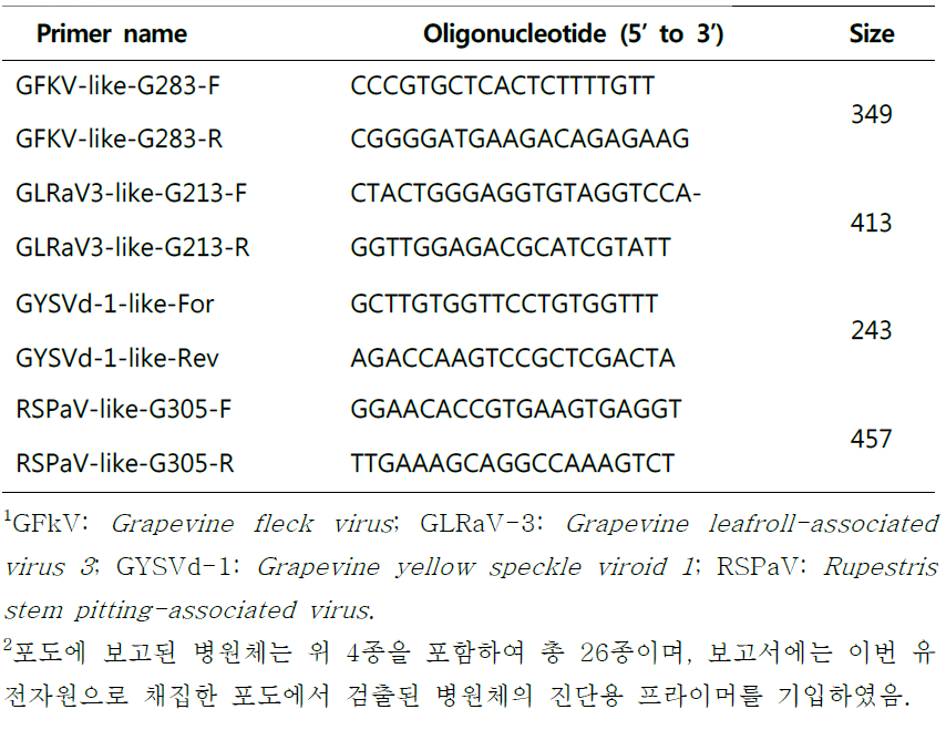 RT-PCR 진단을 위한 포도 바이러스 진단용 프라이머 목록1, 2