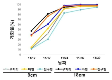 재식거리와 LED 광원에 따른 시기별 1화방 개화율 변화