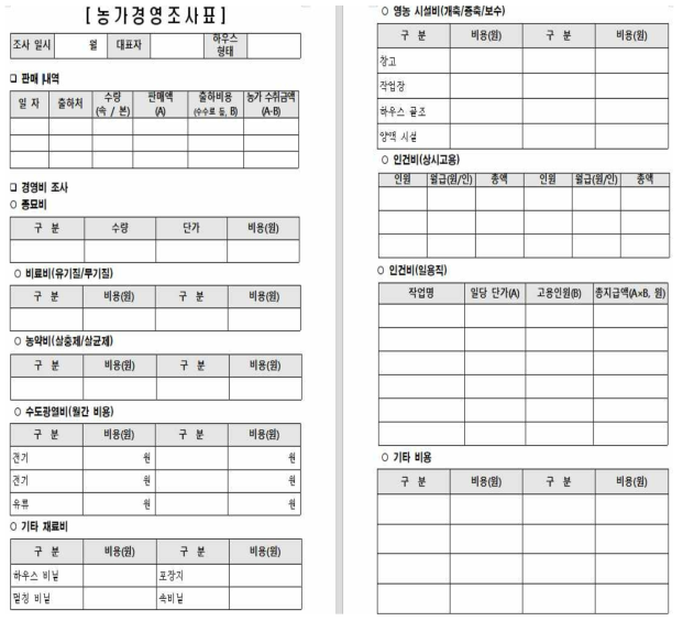 유형별 온실 농가 경영조사표