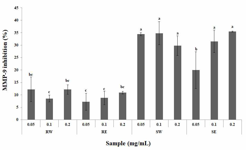 아스파라거스 Atlas 품종 추출물의 RAW 264.7 세포 내 MMP-9 발현 저해. RW; 뿌리 열수 추출물, RE; 뿌리 20% 에탄올 추출물, SW; 지상부 열수 추출물, SE; 지상부 20% 에탄올 추출물