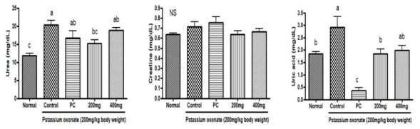 Serum biochemical parameters in different experimetal groups after 1hr on potassium oxonate-induced gout rat model