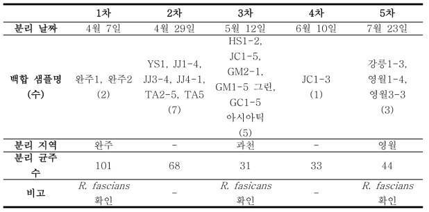 R. fascians 분리를 위한 본 연구의 시료 정보