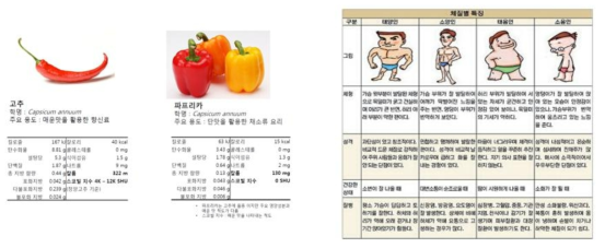 기타 식재료 영양성분 정보 분석(좌)과 사람의 체질별 특징 분석(우) 예시