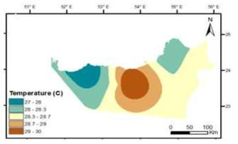 UAE의 연평균 기온 분포도 출처 : Multi-Criteria Evaluation of Irrigated Agriculture Suitability to Achieve Food Security in an Arid Environment(Amal Aldababseh 등, 2018, J. Sustainability, 10(3))