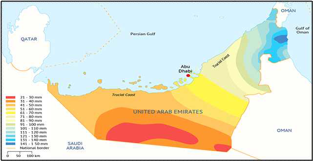 UAE의 연평균 강수량 분포도 출처 : https://water.fanack.com/uae/#_ftn2