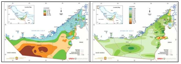 UAE의 포화대수층 두께(좌) 및 UAE의 지하수위(우)