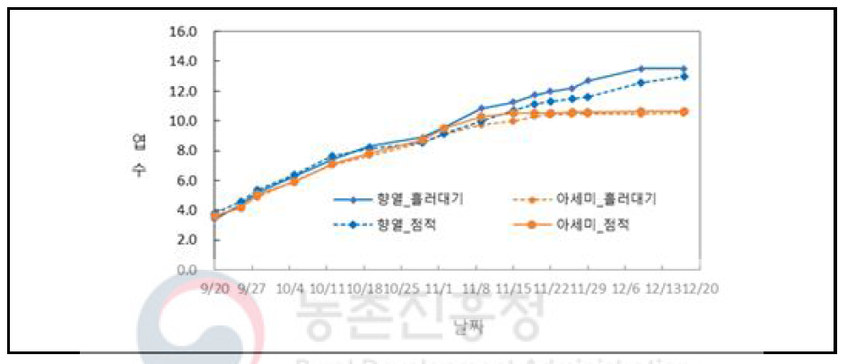 관개방법별 전 기간 엽수(매) 변화