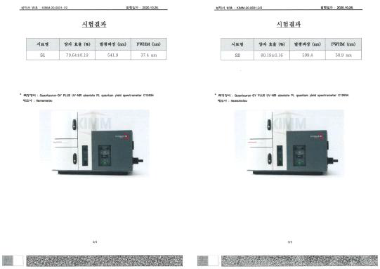 제작한 퀀텀닷(InP/ZnSe/ZnS) QY 시험 성적서