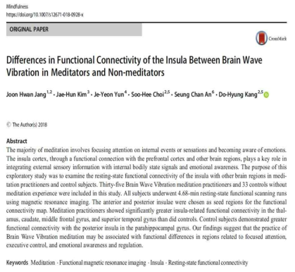 Jang et al., Differences in Functional Connectivity of the Insula Between Brain Wave Vibration in Meditators and Non-meditators. Mindfulness, 2018; 9(6):1857-1866