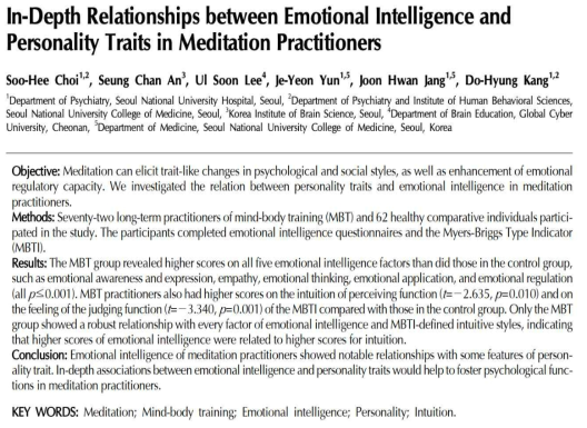 Choi et al., In-depth relationships between emotional intelligence and personality traits in meditation practitioners. Clinical Psychopharmacology and Neuroscience, 2018;16(4):391-397