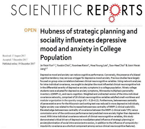 Yun et al., Hubness of strategic planning and sociality influences depressive mood and anxiety in College Population. Scientific Reports, 2017;7(1):17856