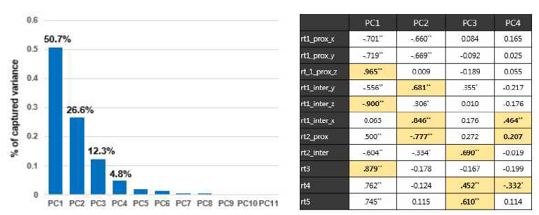 4개의 주성분 (94.6%) 및 이와 각 관절의 상관계수