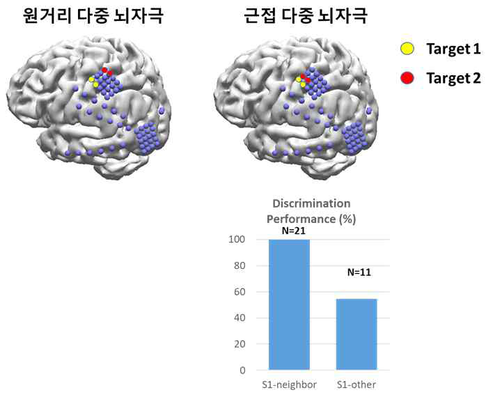 원거리 및 근접 다중 뇌자극의 타깃 위치(위) 및 근접 다중 뇌자극의 감각 구분 정확도(아래)