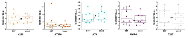 항체별 환자의 CSF와 blood 내 단백질 비율 비교