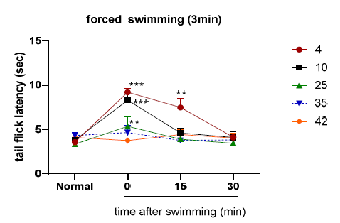 마우스를 여러 다른 온도의 물에 3분간 swimming stress에 노출 시켰을 때, tail-flick 반응에 미치는 영향