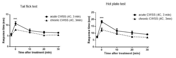 급성 및 만성 CWSS 스트레스가 tail-flick response와 hot-plate response에 미치는 영향