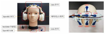 시제품의 전체적인 구성(왼쪽)과 뇌파 전극의 분포(오른쪽)