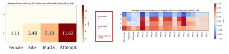 자살 사고 예측 모델 시범서비스에서 얻은 케이스의 어텐션 플롯 (attention plot) 예시: 자살 사고 (suicidal ideation) 유무 예측 및 확률, 그리고 위험인자 (risk factor)들의 오즈 위험비 (odds ratio) 제시