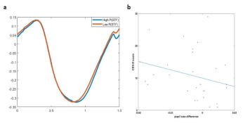 (a) 동기 부여에 따른 동공 크기 변화, (b) 우울 증상과 동공 크기 변화에 따른 상관관계