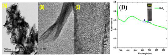 TEM images of MoS2, (A): Low magnification image, (B- C): High resolution TEM image of layered MoS2, (D): UV-Visible absorption spectra of MoS2 in water