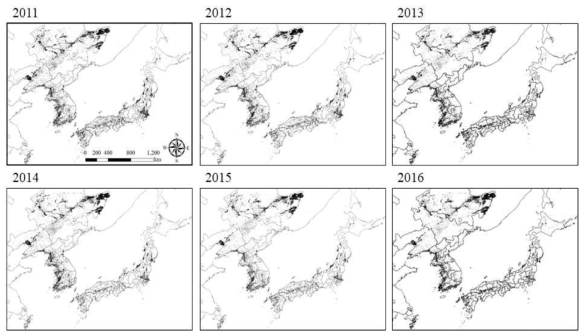 GOCI와 MODIS 위성영상을 이용하여 분류된 동북아시아 논 분포 지도(2011-2016년)