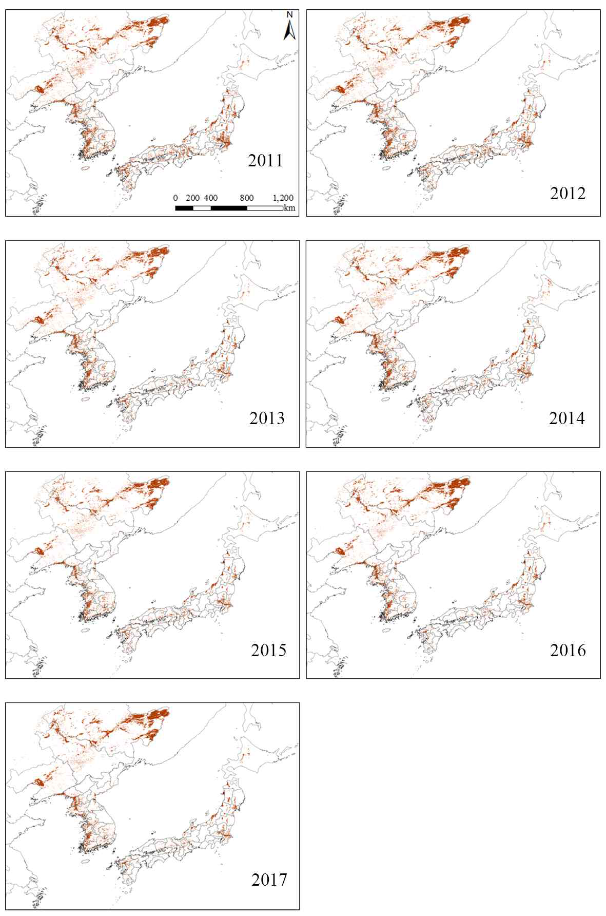 Spatial distribution of simulated rice yields in Northeast Asia from 2011 to 2017 based on Communication, Ocean, and Meteorology Satellite (COMS) images (Yeom 등, 2021)