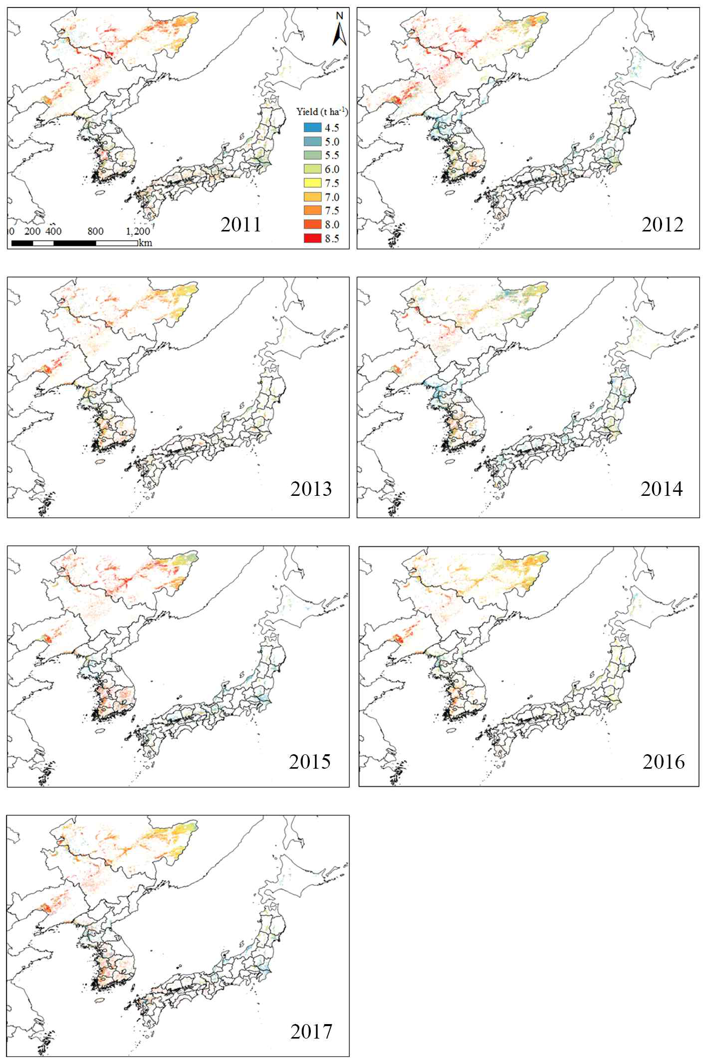 Spatial distribution of simulated rice yields in Northeast Asia from 2011 to 2017 based on Communication, Ocean, and Meteorology Satellite (COMS) images integrated into the remote sensing-integrated crop model (RSCM) for rice (Yeom 등, 2021)