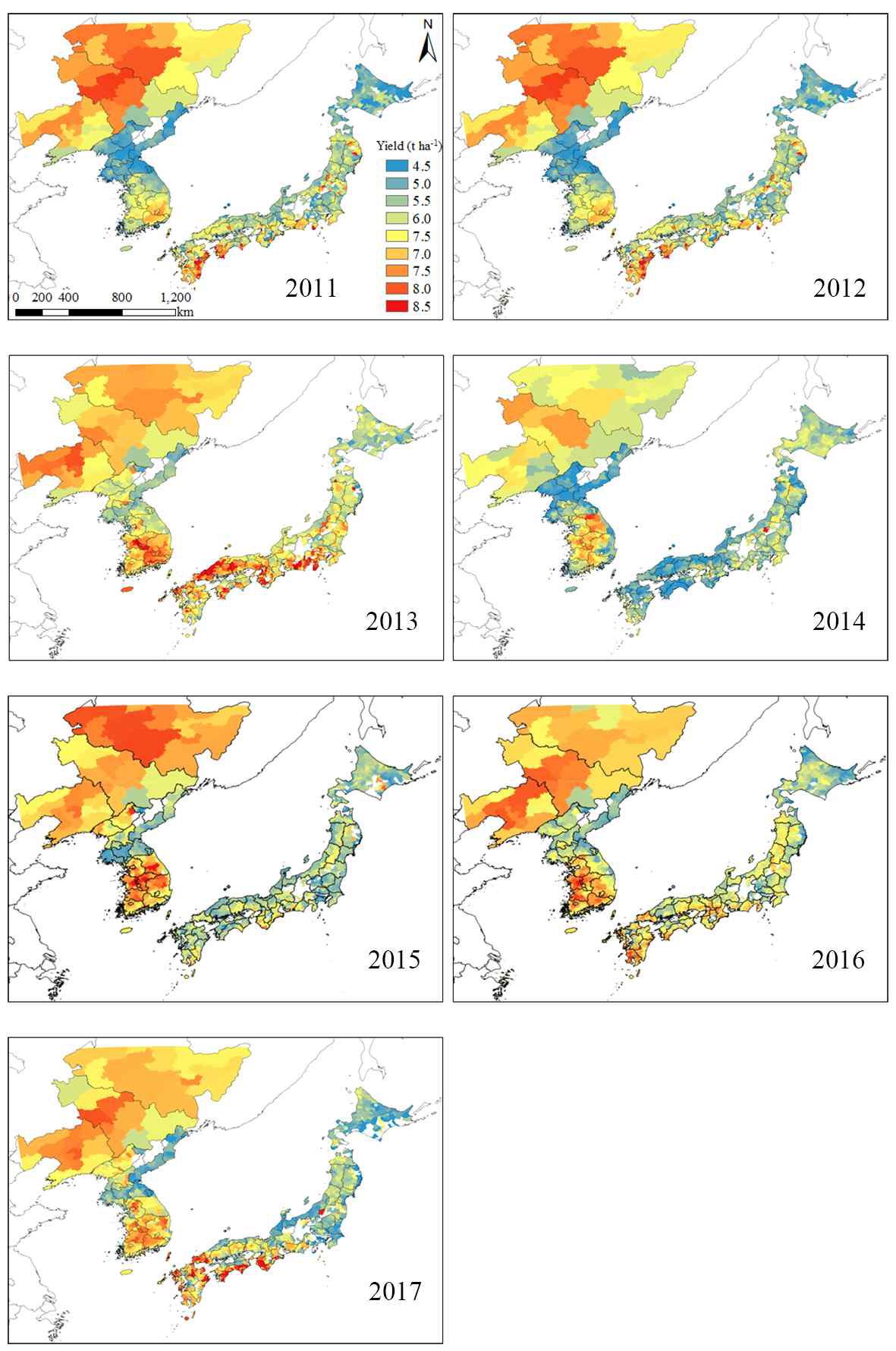 County- (or province-) wide spatial distribution of simulated rice yields in Northeast Asia from 2011 to 2017) based on Communication, Ocean, and Meteorology Satellite (COMS) images integrated into the remote sensing-integrated crop model (RSCM) for rice (Yeom 등, 2021)