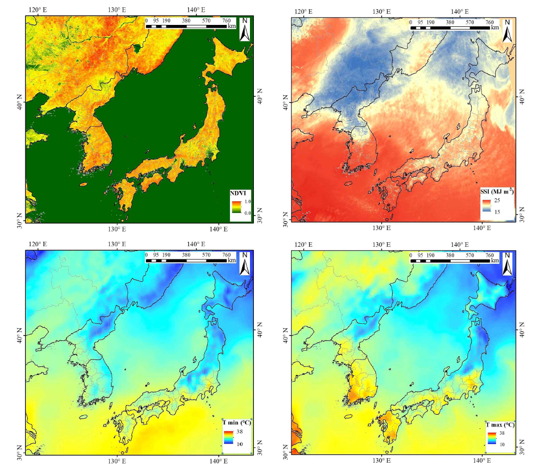 식생지수 NDVI, SSI, 최고․최저 기온 등 GRAMI 모형에 사용될 입력자료 구축 및 처리예시 (2013년 7월 19일)
