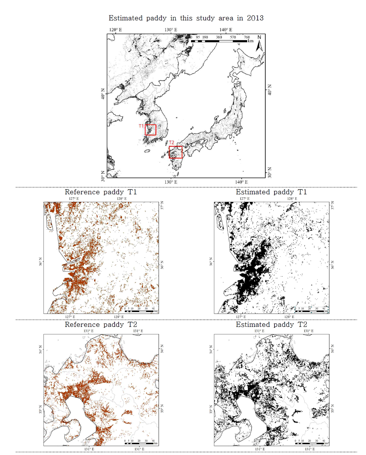 MODIS 와 GOCI 위성영상을 이용하여 추정 된 연구지역 전체의 벼 재배지역 공간분포 지도와 일부 테스트 지역(T1, T2)에 대해 고해상도 영상으로부터 제작된 벼 공간 분포 비교 (2013년)