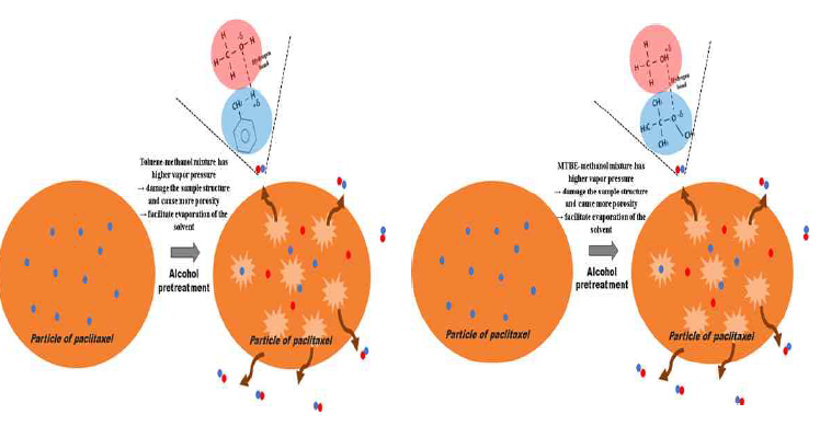 A schematic diagram of the removal mechanism of residual solvents from a sample pre-treated with alcohol