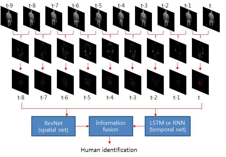 Spatial (CNN) net+temporal net을 이용한 몸 texture, shape 및 몸 움직임 기반 대상체 인식의 예