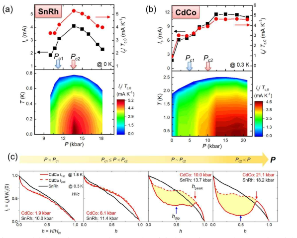 In자리에 (a) Sn이 4.4% 도핑된 CeRhIn5 (SnRh)와 (b) Cd이 1% 도핑된 CeCoIn5 (CdCo)의 압력에 따른 임계전류(Ic). 여기서 Pc1은 반강자성(antiferromagnetism: AFM) 상전이 온도가 초전도 임계온도와 같아지는 압력이고, Pc2는 반강자성이 완전히 사라진다고 여겨지는 압력을 나타낸다. 두 시료 모두 압력에 따라 반강자성 및 초전도 임계온도가 비슷한 경향성을 보이지만, SnRh는 양자임계점이 존재한다고 여겨지는 Pc2에서 임계전류 값이 최대치를 보이지만, CdCo의 경우 Pc2에서 최대치를 보이지 않고 Pc2이상의 압력에서 초전도임계온도(Tc)에 의존함을 보인다. (c) SnRh와 CdCo의 임계전류의 자기장 의존성. CdCo의 경우 Pc2이상의 압력에서 peak effect를 보이는데, 이는 CdCo의 경우 Pc2이상의 압력에서 지역적으로 반강자성의 흔적이 남아 있음을 의미한다