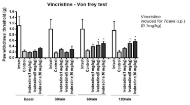 Vincristine 유도 CIPN 모델에서 oral로 투여한 ivabradine이 von-frey통증 threshold에 미치는 영향