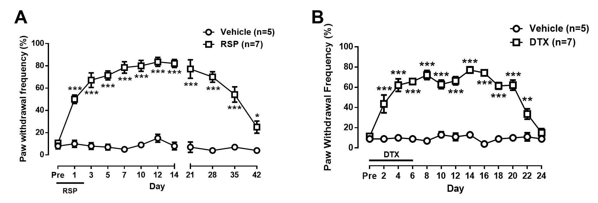 Resrepine(RSP) 및 Docetaxel(DTX) 각각 주사 후 시간 흐름에 따른 기계적 이질통의 변화 (Data not published)