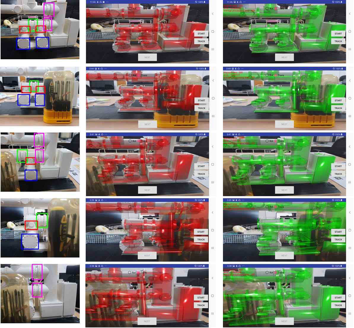 객체의 부분 검출을 통한 초기 포즈 추정 및 모바일 증강현실 구현 결과. 검출 가능한 객체의 부분이 둘 이상일 경우, 높은 정확도를 가진 초기 카메라 포즈 추정이 가능하고(가운데 열, 추정된 초기 포즈를 이용하여 붉은 그래픽 모델이 중첩됨), 이로부터 분할 기반 방법을 포함한 기존 모델기반 3차원 객체 추적 방법을 이용하여 객체 추적이 가능함(마지막 열)