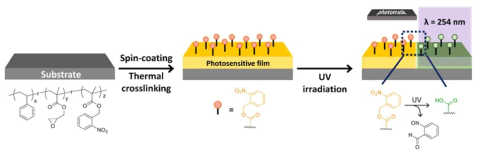 광감성 기능기를 포함한 박막을 이용한 자외선을 이용한 부분적 표면 에너지 조절