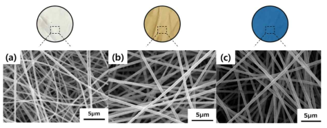 (a) PAN 나노섬유, (b) BCG-PAN 나노섬유, (c) 암모니아 기체에 노출된 BCG-PAN 나노섬유의 실제 색깔과 전자현미경 이미지