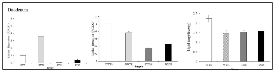 전자파 노출 후 (좌) 십이지장에서의 APOA1과 FOXA2 유전자 발현 및 분변 지질 변화 WTS:정상+sham; WTR: 정상+전자파; TGS: 5xFAD+sham; TGR: 5xFAD+RF
