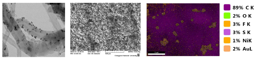 환원극용 Au&Ni 합금촉매 및 전극의 분석결과(TEM, SEM, EDS 원소맵핑 순)