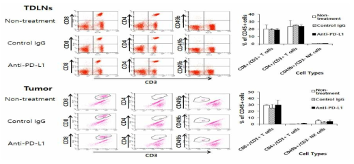 Populations of CD4+ and CD8+ T cells and NK cells in the tumor-draining lymph nodes (TDLNs) and tumor tissues. Each group (n=5/group) of mice was challenged s.c. with B16 cells. When the tumor sizes became 2 mm in mean diameter, the mice were injected i.p. with 100 μg of anti-PD-L1 Abs at 0, 3, 7, 10, and 13 days post-treatment. At 15 days post-treatment, the mice were sacrificed, and the TDLNs and tumor tissues were obtained. Immune cells of the TDLNs and tumor tissues were analyzed for the population of CD4+ and CD8+ T cells, and NK cells