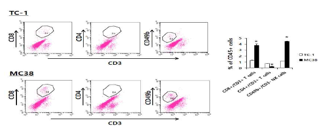 Populations of CD4+ and CD8+ T cells, and NK cells in the TC-1 and MC38 tumor tissues. Each group (n=5/group) of mice was challenged s.c. with TC-1 and MC38 cells. After 10 days following tumor cell challenge (tumor sizes; 8~10 mm), the mice were sacrificed, and the tumor tissues were obtained. Immune cells of the tumor tissues were analyzed for the population of CD3+/CD8+ T cells and CD3+/CD4+ T cells, and CD3-/CD49b+ NK cells. *p<0.05 compared to TC-1